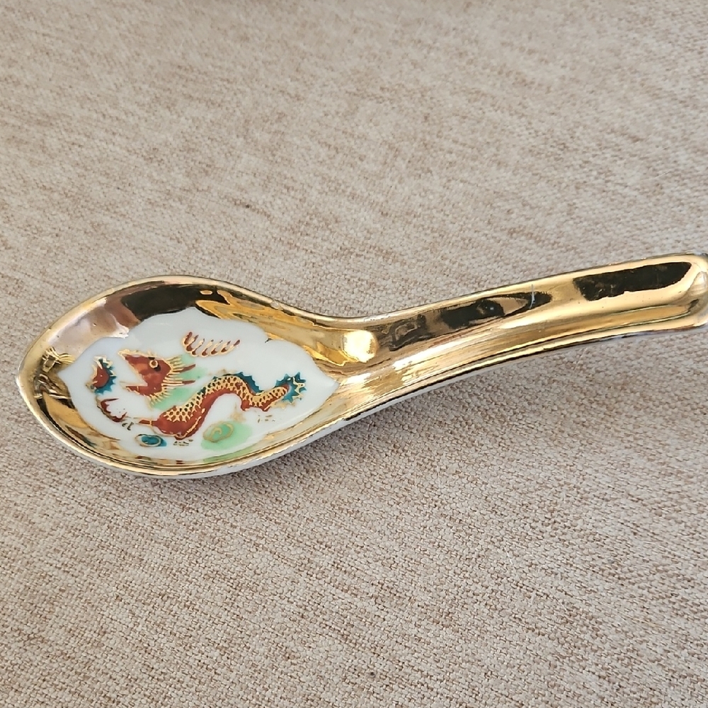 5/$20 Early 20th Century Chinese Soup Spoon  Vintage Dragon Ceramic